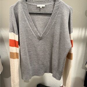 Z Supply Gray V-Neck Sweater with Striped Sleeves